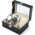 SPIN CART PU Leather Watch Display Box, 3 Slots with Transparent Lid, Metal Lock, Removable Pillows, Black Storage Case for Men Women, 16x11x8 cm - Image 1